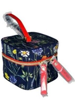 Estee Lauder Navy Blue Floral Makeup Bag Mini Cube Shape Train Case Travel Pouch